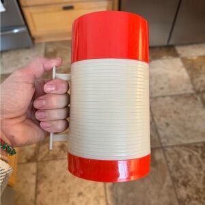 Vintage 1960s Red and Tan Thermos by Aladdin with Extra Bowl